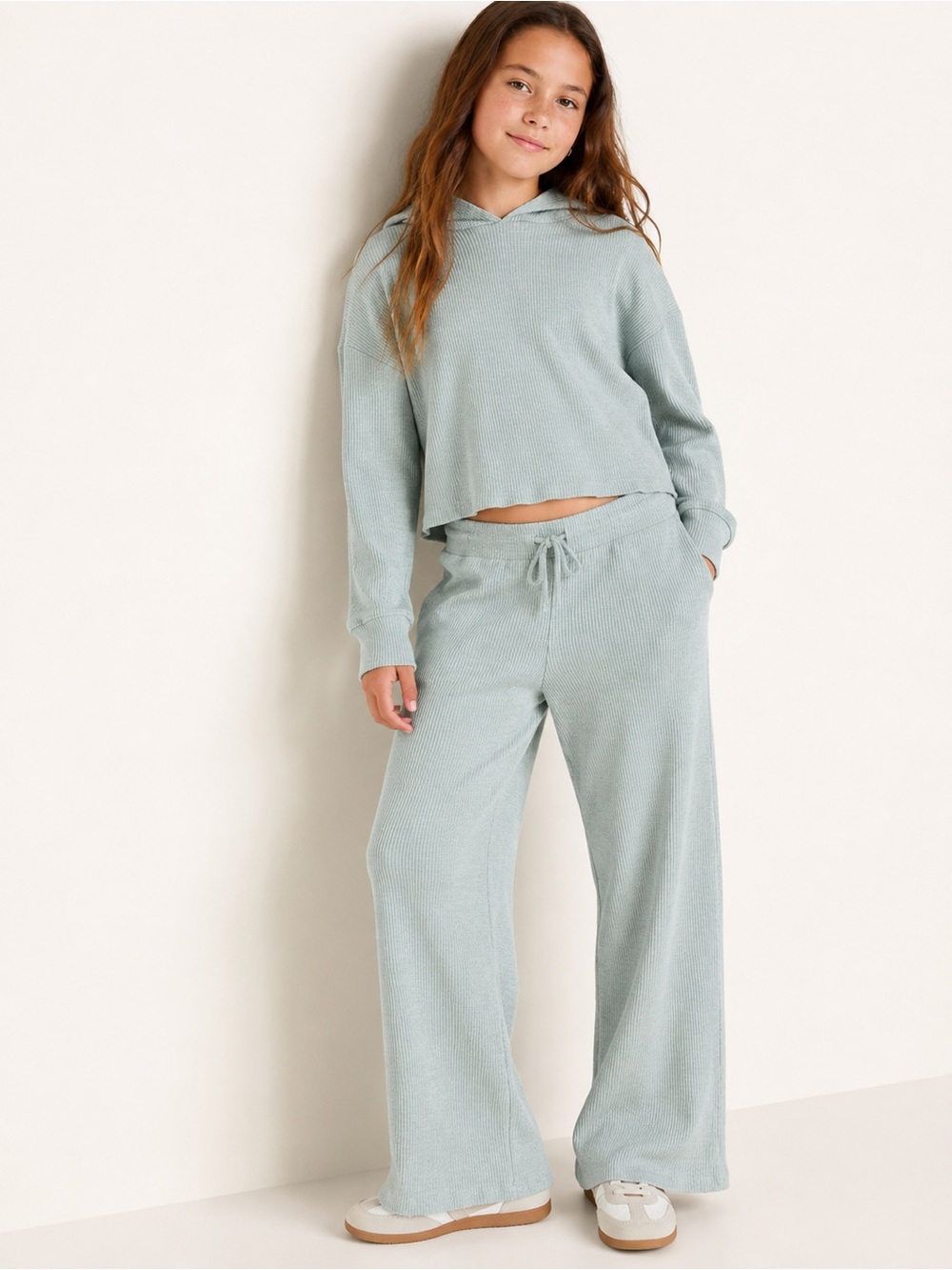 SET OF 2 - Old Navy Girls Large 10-12 Ribbed Hoodie Wide Leg Pants Set Green